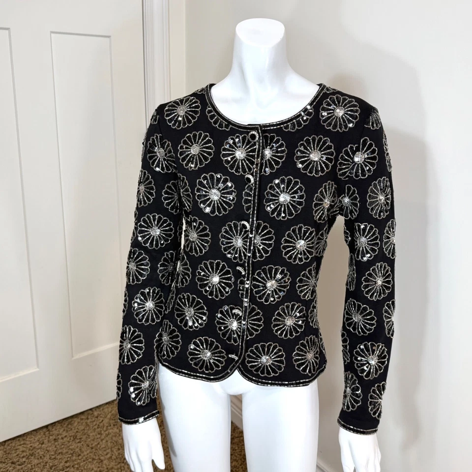 CHAQUETA VINTAGE AÑOS 90 MARGARITA LENTEJUELAS CUENTAS S Floral Glamour Cóctel Boda Boho Blazer Foto 3 de 4