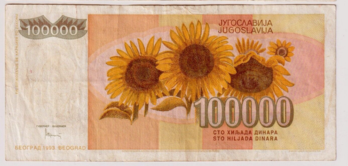 Yugoslavia 100,000 Dinara 1993 P-118 Circulated Note - Picture 3 of 3