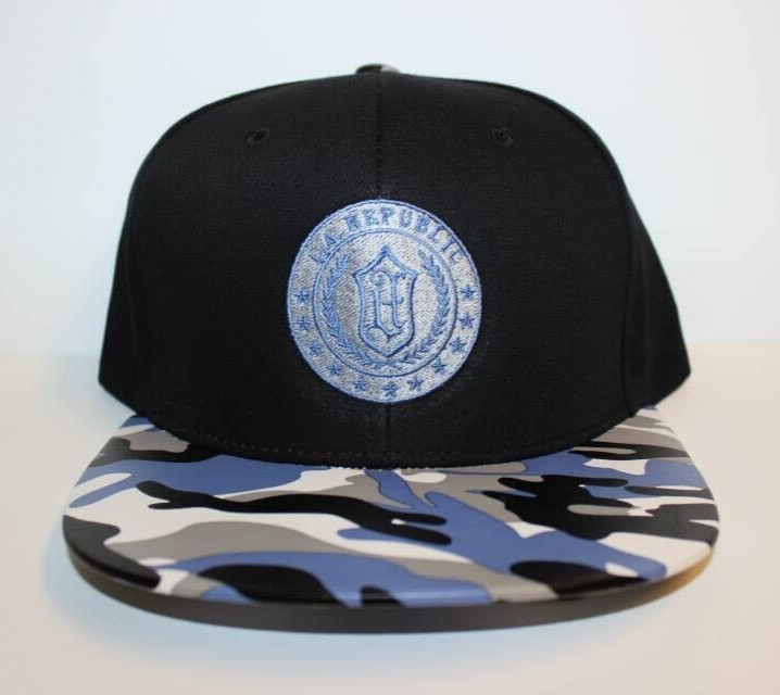 Snapback Hat with Blue Camo Bill Black