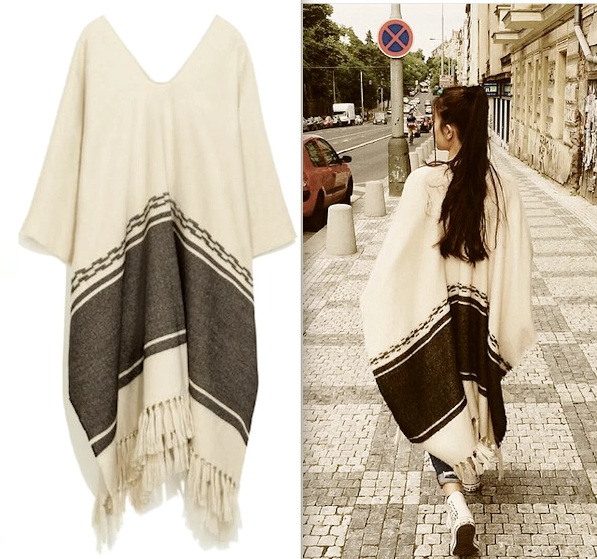 ZARA PONCHO CAPE SOFT BLANKET COAT JACKET V NECK TASSEL FRINGE NEW