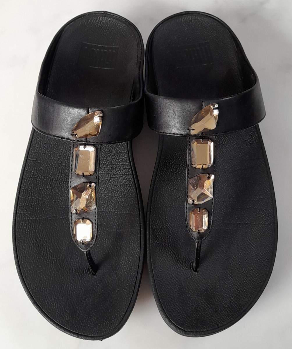 FITFLOP ROKA JEWEL SIZE 7/41 BLACK LEATHER FLIP FLOPS GOOD USED