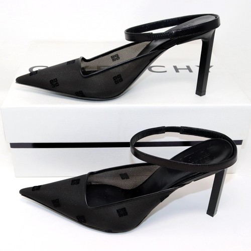 Givenchy 37 + Box Show 4G Strap 95 Mesh Mule Slingback Logo Embroidered Heels - Picture 7 of 16