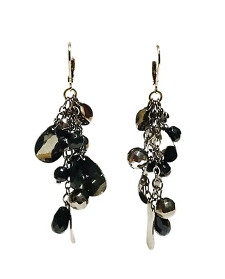 Gunmetal Gray & Black Discs Dangle Earrings Faceted Bead Cluster Fashion 3'' EUC