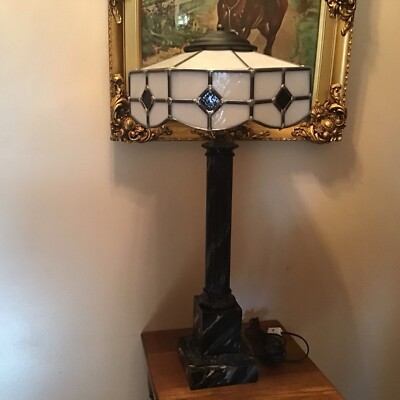 Super Unusual One Of A Kind 26  Tin Black Marble Look Lamp W/stained Glass Shade