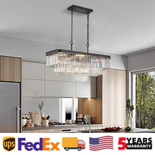 34'' Modern Crystal Chandelier Black Rectangular Pendant Light Ceiling Fixture