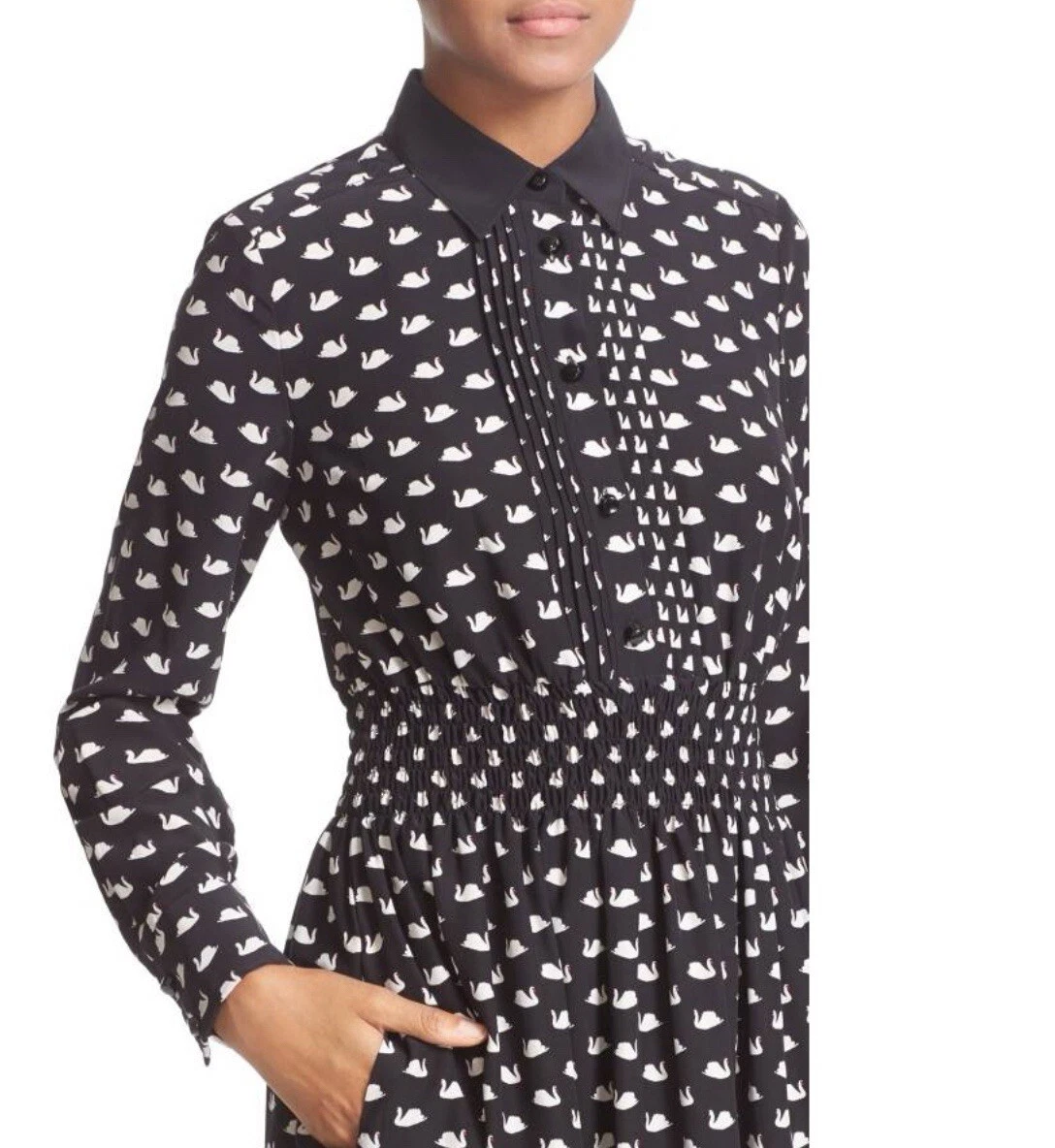 Camicia KATE SPADE stampa cigno misto seta nera $398 taglia XS