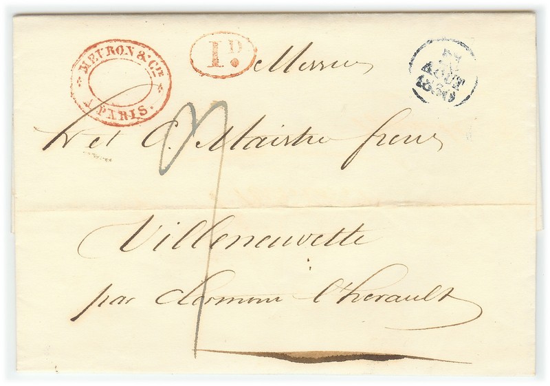France stampless cover 1830 Paris to Villeneuvette - Fresh * cover401