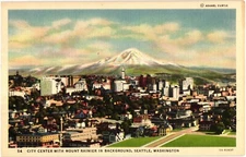Aerial View City Seattle Mount Rainier WA Linen Unused Postcard 1933
