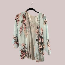 Summer Kimono Womens M Cardigan Lightweight Open Cover Up Blue Boho Floral EUC