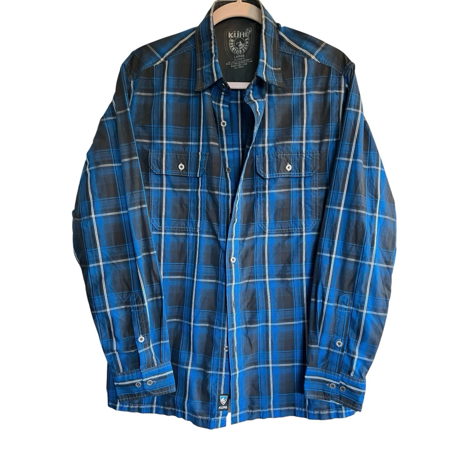 Kuhl Shirt Mens Large Blue Plaid Button Down Long Sleeve Extra Metal Button