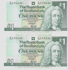 Royal Bank of Scotland 1999 Pair of Uncirculated Sequential One Pound Bank Notes