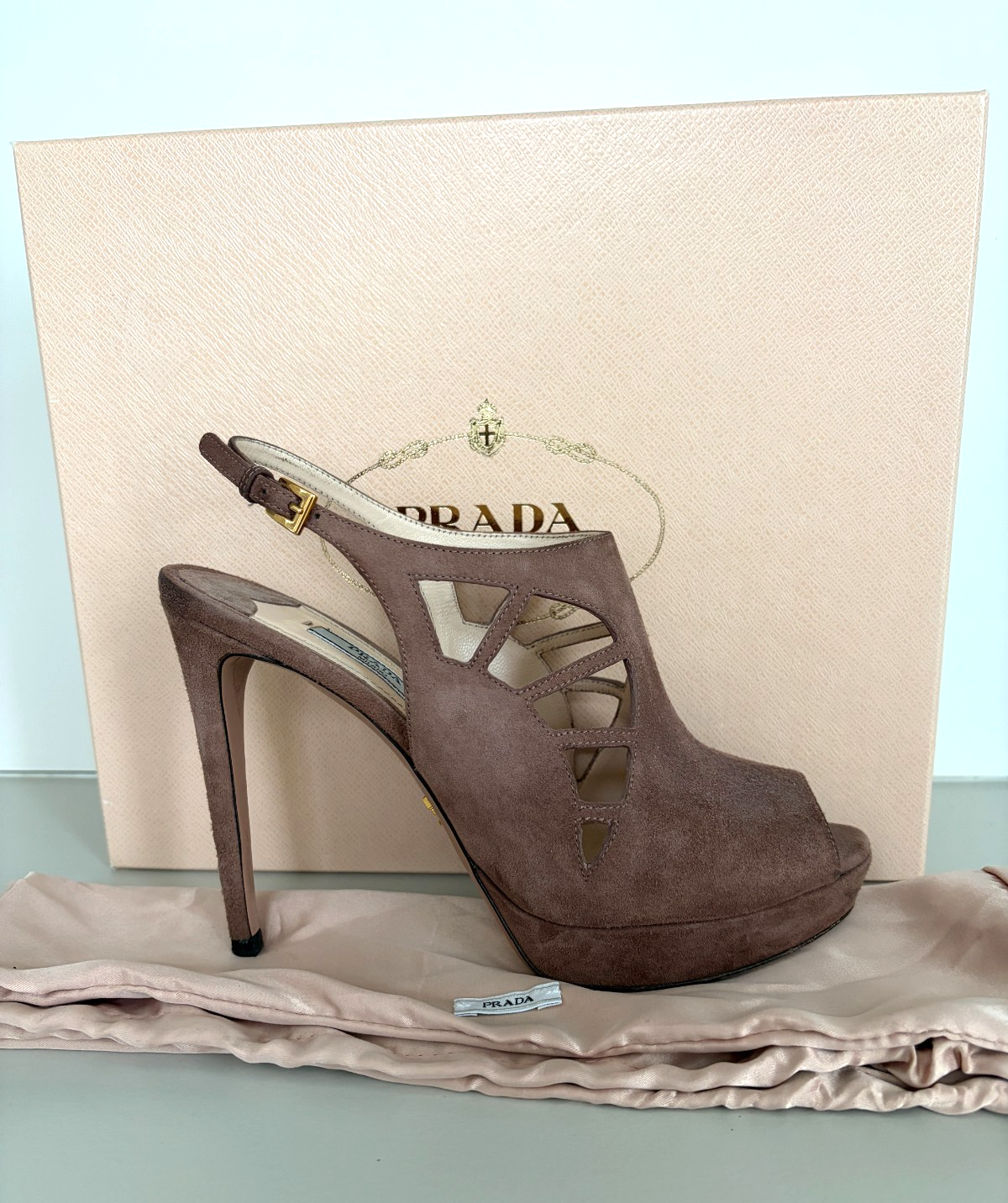 PRADA Camoscio  Dark Rose Suede Cutout Slingback Peep Toe Heels Shoes Sz IT 38