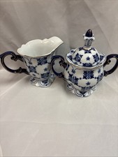 Bombay Company Porcelain Sommerhill Sugar Bowl with Lid And Creamer Blue/White