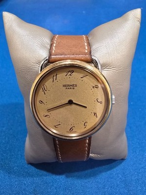 Hermes Arceau Quartz Two-Tone Wristwatch With Champagne Dial and Leather Strap