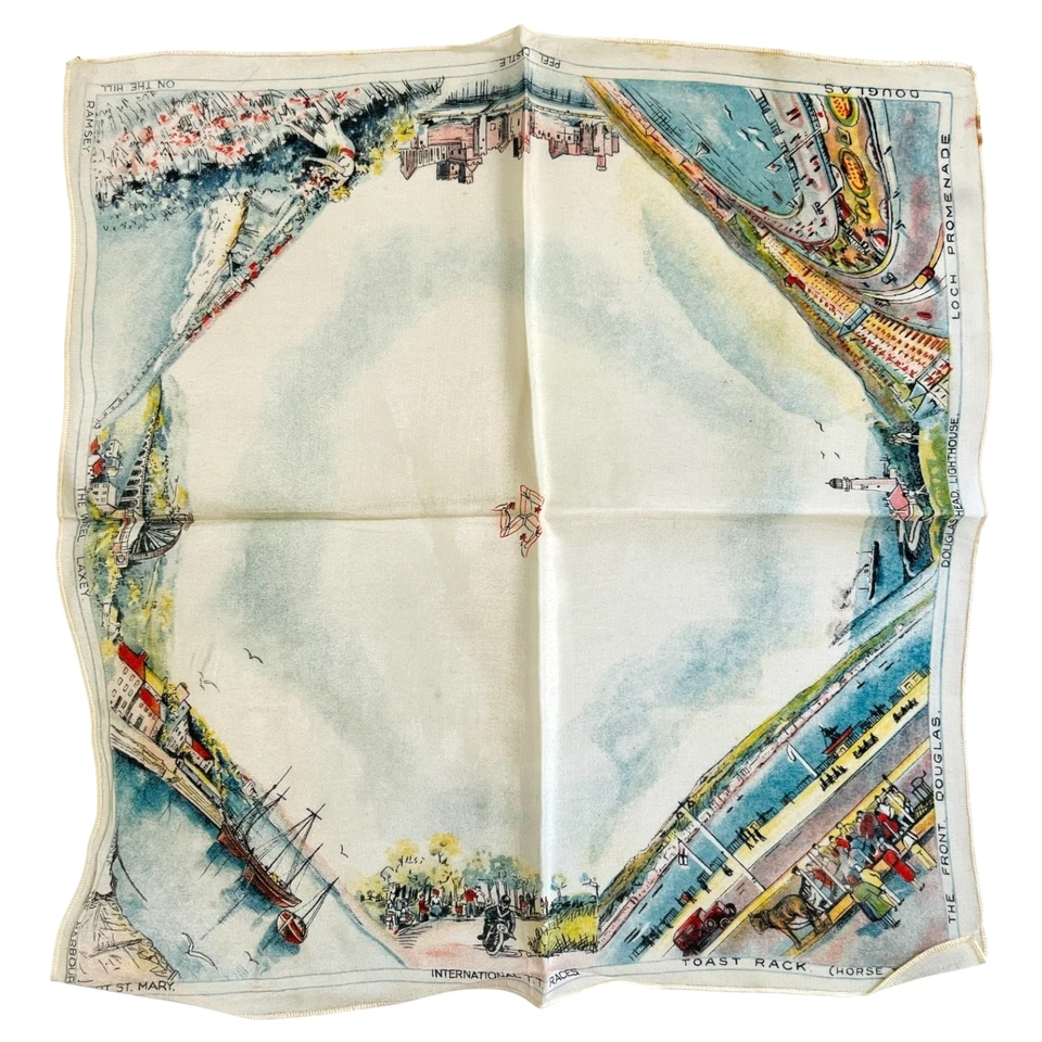 Pañuelo de Colección Souvenir Isla de Man Pelar Castillo Rueda Laxey Ramsey LEER Foto 2 de 4