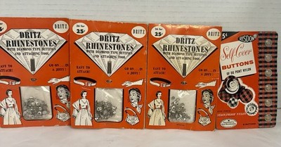 VTG 50 s LOT 3 Dritz Rhinestones Attach Tool Original Pkg & 1 Self Cover Buttons