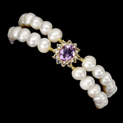 925 Sterling Silver Bracelet Oval Amethyst Topaz Pearl Gemstone Jewelry