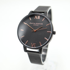 Olivia Burton Black Rose Gold Tone Watch 38mm Dial Steel Mesh Strap New Battery