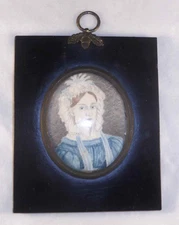 Antique Watercolor on Paper Miniature of Period Woman in Wood Lacquer Frame