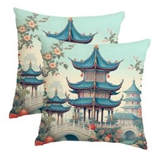 Chinoiserie Blue and White Floral Throw Pillow 18" x 18" Pack of 2 Pagoda
