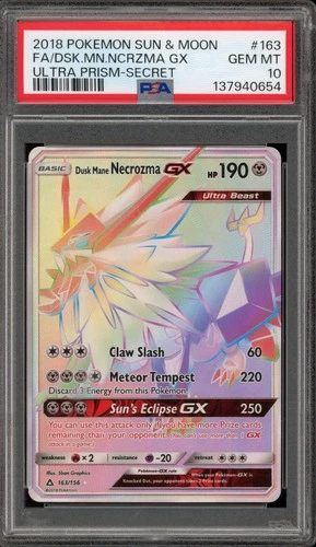 Pokemon Dusk Mane Necrozma GX Ultra Prism Secret Rare #163 PSA 10 Gem Mint