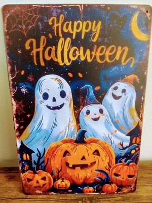 Halloween Deko Kürbis Geist groß DIN A4 Metall Vintage Schild 