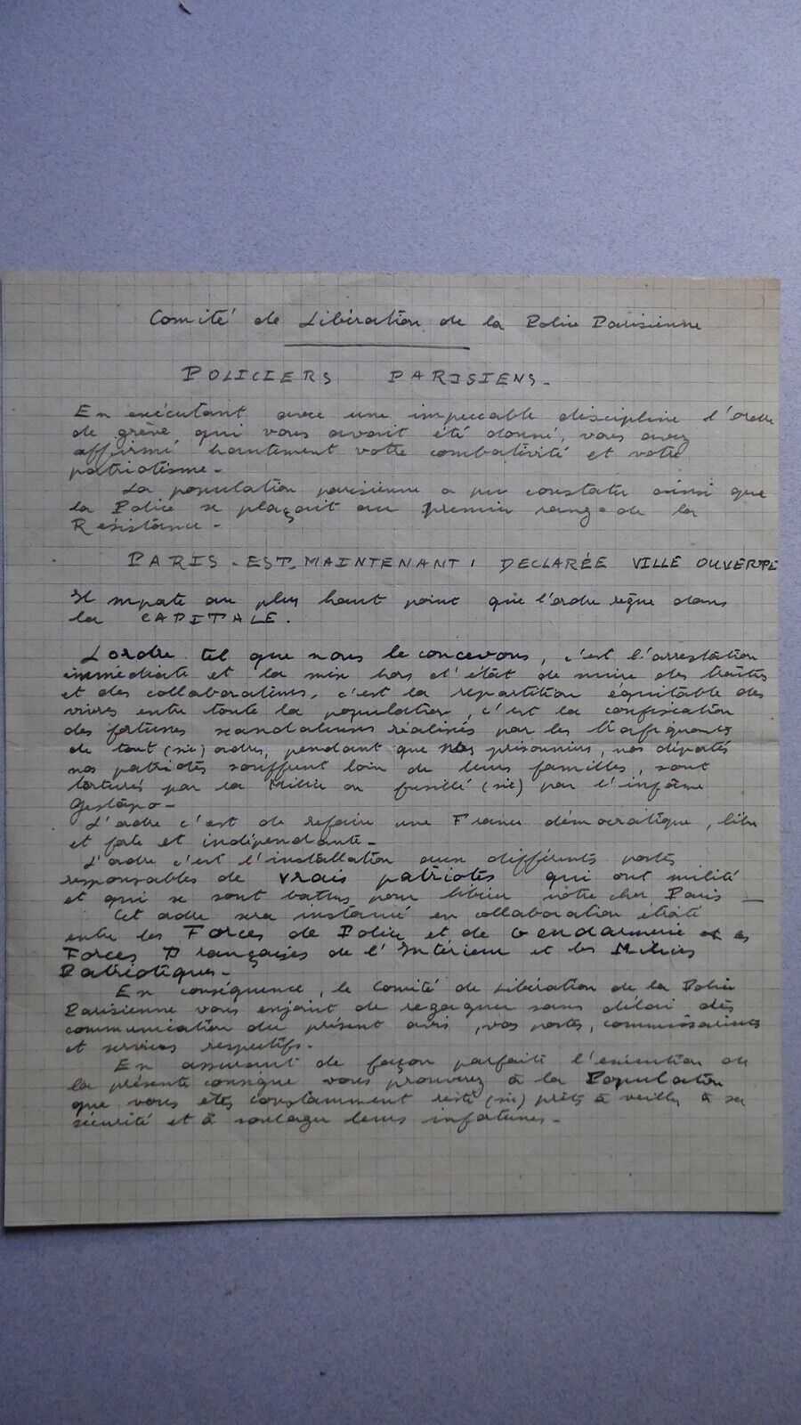 WW2 Libération - Paris - Comité de Libération de la Police parisienne. Août 1944