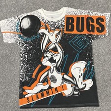 Space Jam White T-shirt Mens M Looney Tunes Bugs Bunny Slammin' AOP One Sided