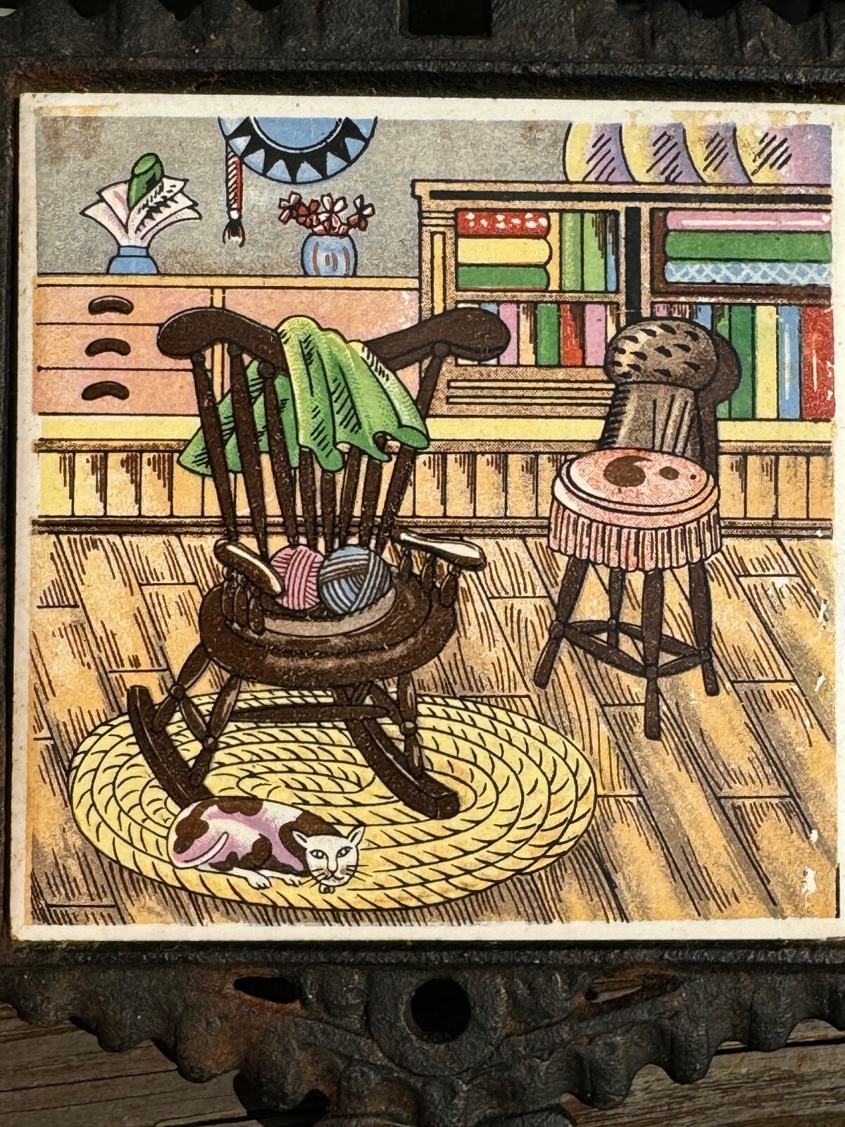 Enesco Cast Iron Tile Trivet Rooster Birds Wall Decor Vintage Art Made in Japan