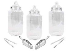 3 Large Plastic Sweet Jars Tongs Scoops for Candy Buffet, Birthday Party Storage