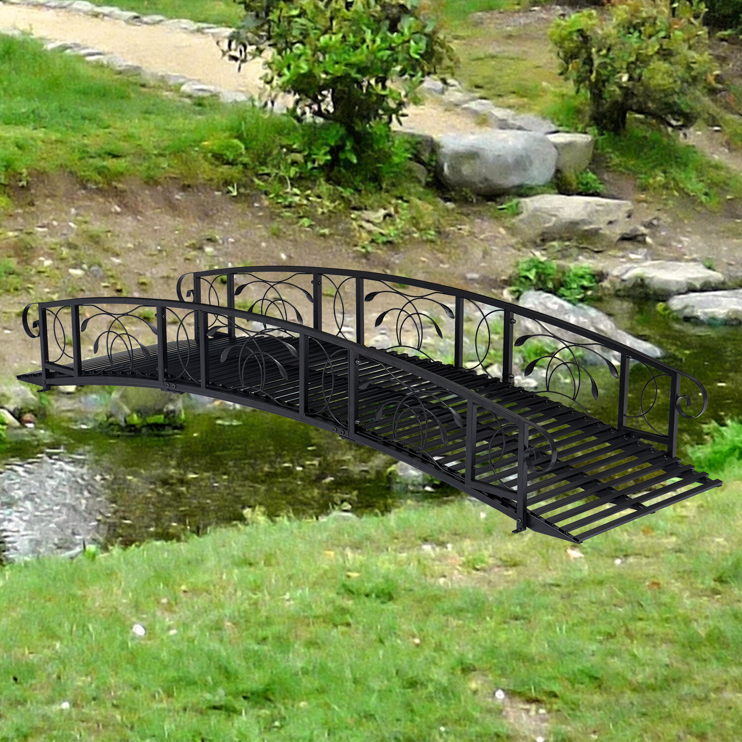8 Ft Metal Garden Bridge Outdoor Backyard Decorative Pond Bridge w