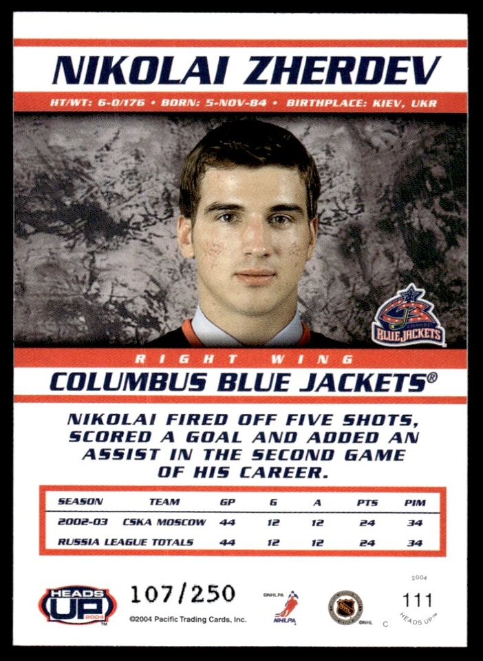 2003-04 Pacific Heads Up LTD Nikolai Zherdev /250 Columbus Blue Jackets #111 - Image 2 of 2