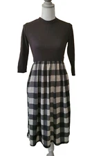 Liam and Co Fit 'N Flare Black Buffalo Plaid Knit Dress 3/4 Length Sleeves Sz M