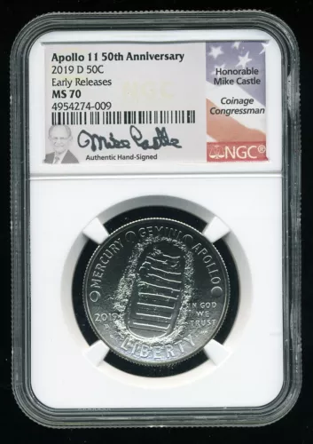 Apollo 11, 2019-D, silver clad half dollar MS70, NGC 4954274-009  