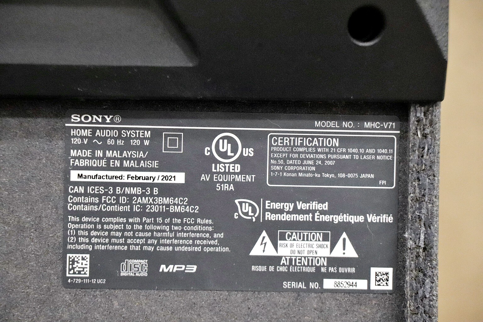 SONY HIGHPOWER AUDIO SYSTEM W/ BLUETOOTH MHCV71 BLACK NO REMOTE