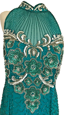Alyce Heavily Beaded Green Silk Dress, Sequins 90's Glam 14, Yoke Neck  Sparkle | eBay