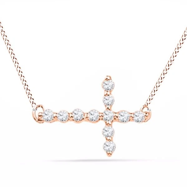 Круглый натуральный бриллиант акцент боковые крест подвеска ожерелье в 10K розовое золото - Изображение 2 из 3