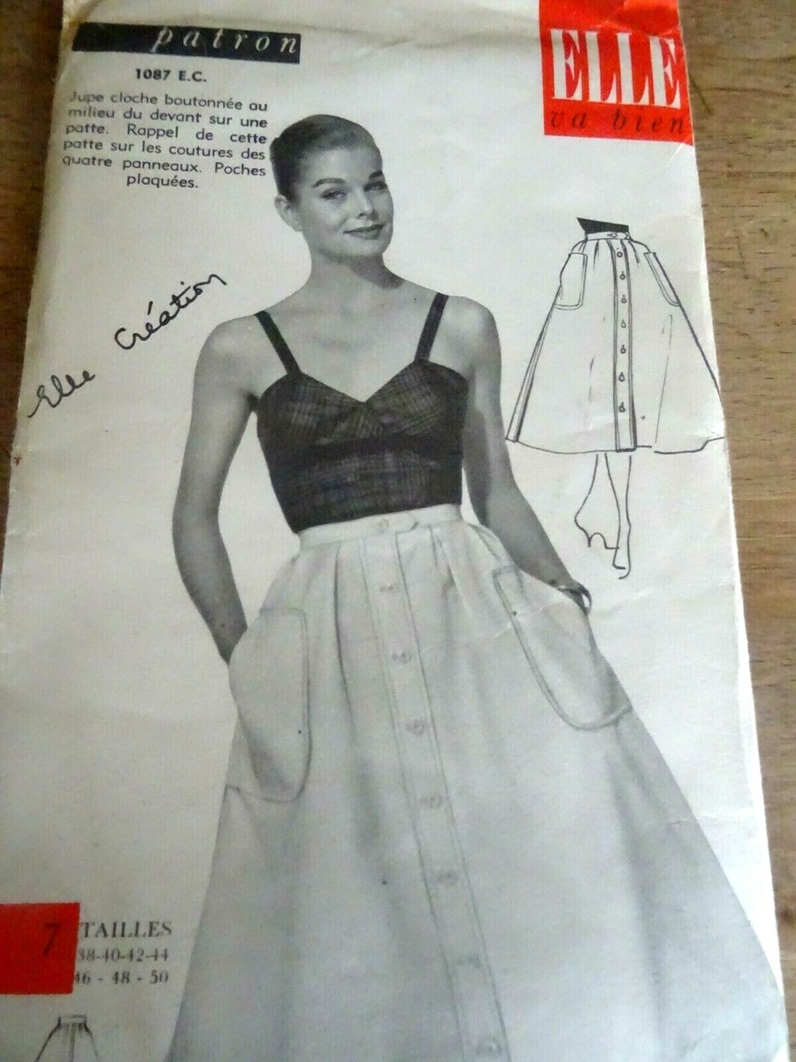 ANCIEN PATRON ELLE NEUF JUPE CLOCHE BOUTONNEE POCHES PLAQUEES 38