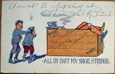 Uncle Sam Smoking in a Crate 1907 Postcard, 'All In ut My Shoe Strings.'