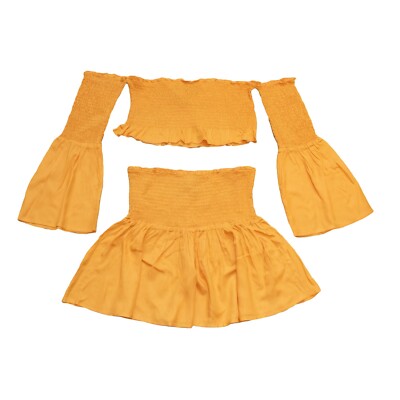 Yellow Mini Skirt Set Shirred Trumpet Sleeve Summer Top BNWT Akasa Size 10