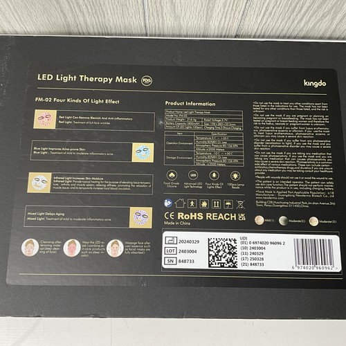 KINGDO LED Light Therapy Facial Mask Complete In Box Never Used White - Picture 8 of 8