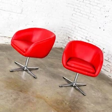 Shelby Williams MCM Swivel Bucket Chairs Red Vinyl Faux Leather & Chrome X Base