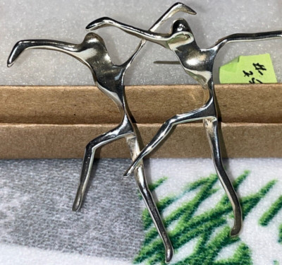 Sterling Silver .925 Two Modern Dancers in Line Moves Brooch 2 1/2'' Tall