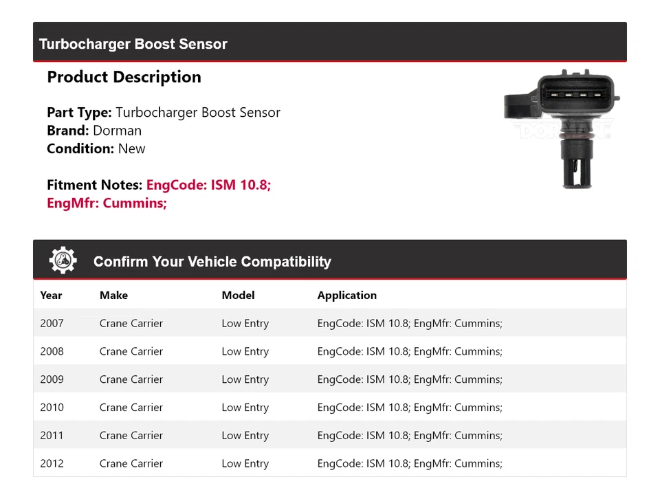 For 2007-2012 Crane Carrier Low Entry Dorman Turbocharger Boost Sensor 2008 2009 - Image 2 of 4