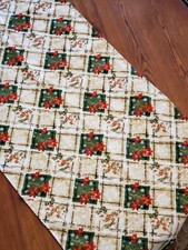 Holiday Table Runner Hand Sewn Cotton Fabric Poinsettia Flowers Reversible