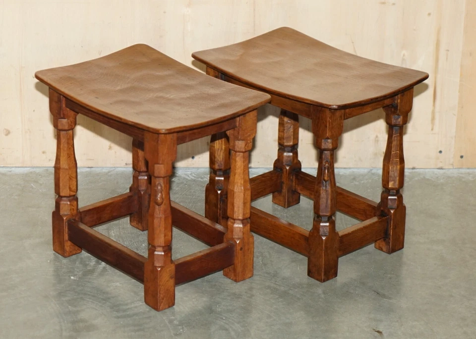 FINE PAIR OF RTESTORED ORIGINAL 1930'S BURR OAK ROBERT MOUSEMAN THOMPSON STOOLS - Image 2 of 4