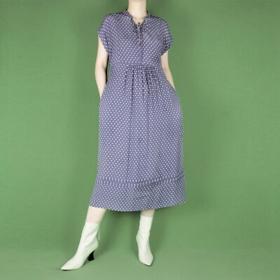 Vintage-Stil lila gepunktet Punkte Tee Krawatte 90er Midi Muster Kleid Medium 12