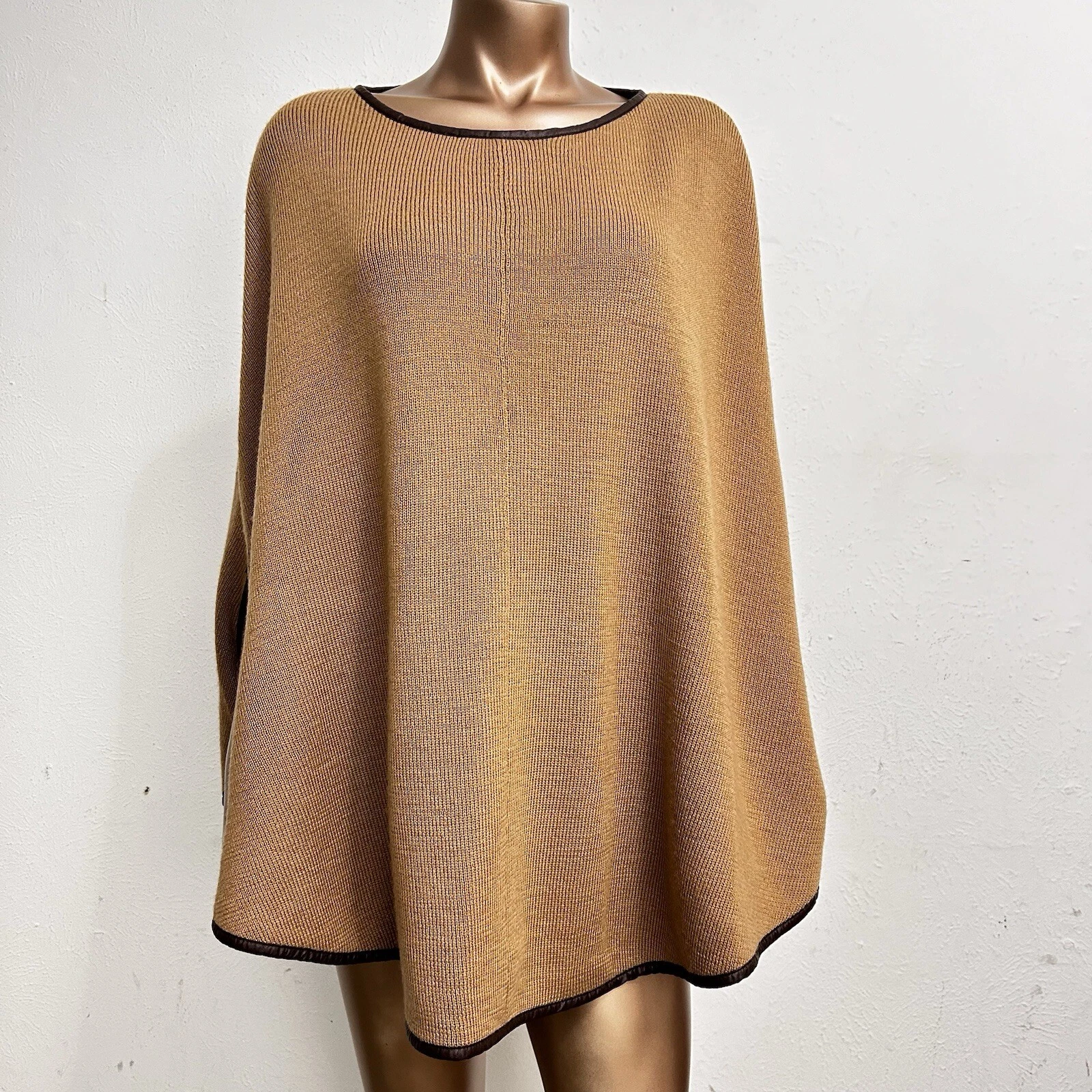 Cremieux Women's Leather Trim Sleeved Poncho Sweater Camel Brown M Wool Blend