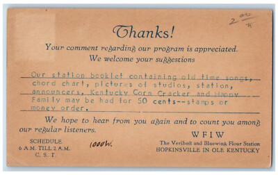 Hopkinsville KY Postal Card WFIW Veribest Bluewing Flour Station 1932 Posted