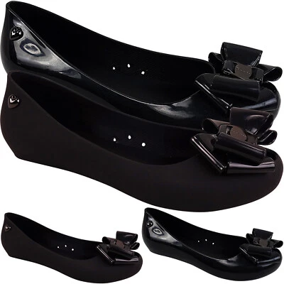 GIRLS LADIES WOMENS LOW WEDGE JELLY SCHOOL WORK DOLLY BALLERINA SHOES BOW SIZE